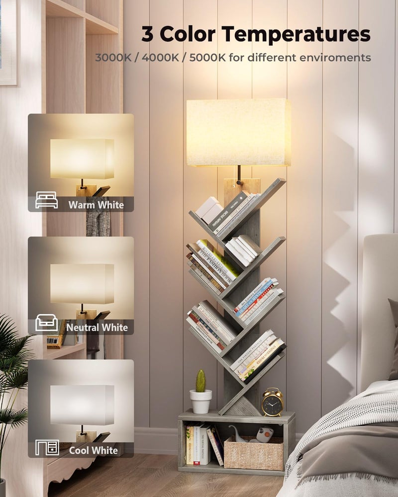 Evermagin 6 Tier Tree Bookshelf with Light, Narrow Bookcase Tower, Tall Floor Standing Book Shelf Organizer with Storage Cabinet for Living Room, Bedroom and Home Office, Gray - Image 3