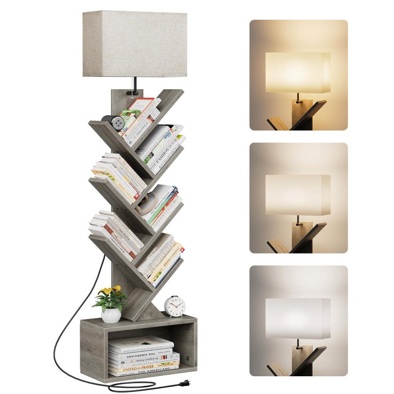 Evermagin 6 Tier Tree Bookshelf with Light, Narrow Bookcase Tower, Tall Floor Standing Book Shelf Organizer with Storage Cabinet for Living Room, Bedroom and Home Office, Gray - Image 1