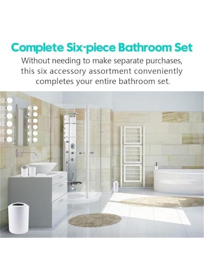 HOOKOR - Bathroom Accessories Set with Tray, 6 Piece Plastic Gift Bath Set with Trash Can, Toilet Brush, Soap Dispenser, Soap Dish, Lotion Set Tumbler Cup (White) - Image 1