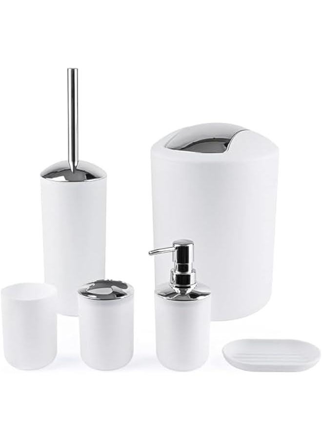 HOOKOR - Bathroom Accessories Set with Tray, 6 Piece Plastic Gift Bath Set with Trash Can, Toilet Brush, Soap Dispenser, Soap Dish, Lotion Set Tumbler Cup (White) - Image 1