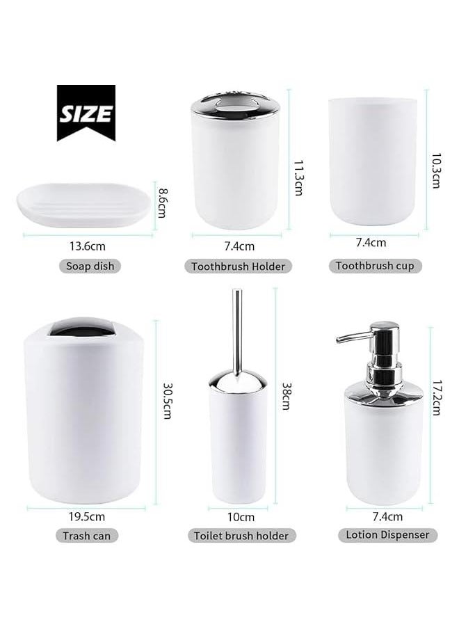 HOOKOR - Bathroom Accessories Set with Tray, 6 Piece Plastic Gift Bath Set with Trash Can, Toilet Brush, Soap Dispenser, Soap Dish, Lotion Set Tumbler Cup (White) - Image 1