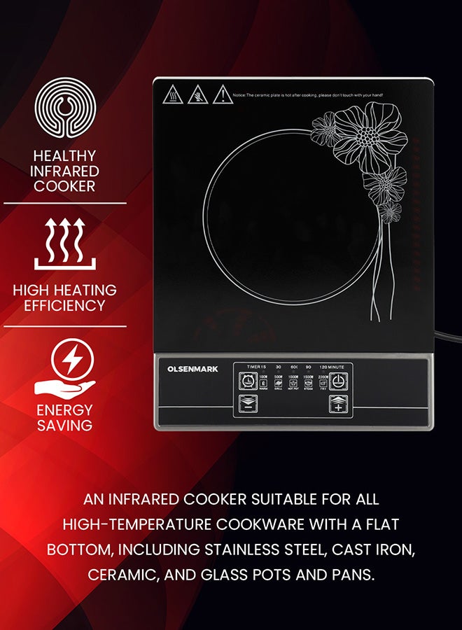 Olsenmark Infrared Cooker OMIC2091M, 2200W Energy Saving Multi Function Single Electric Hob , 5 Power level, Frosted Ceramic Glass Panel, Touch Button Controls, 2 Years Warranty 2200 W OMIC2091M Black - Image 2