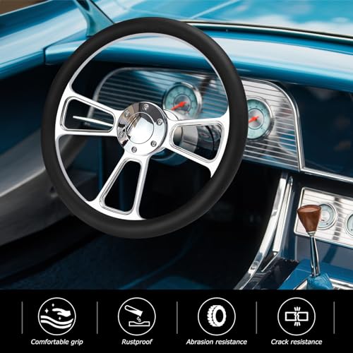 QYMOPAY 14 inch Universal 6 Hole Silver Aluminum 3 Spoke Muscle Style Racing Steering Wheel with Horn Button Leather Grip Steering Wheel - Image 5