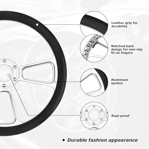 QYMOPAY 14 inch Universal 6 Hole Silver Aluminum 3 Spoke Muscle Style Racing Steering Wheel with Horn Button Leather Grip Steering Wheel - Image 4