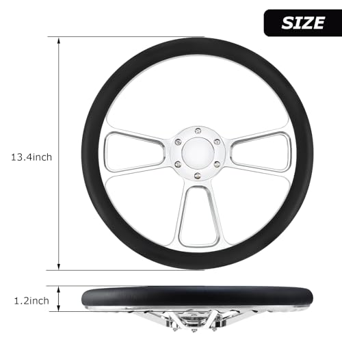 QYMOPAY 14 inch Universal 6 Hole Silver Aluminum 3 Spoke Muscle Style Racing Steering Wheel with Horn Button Leather Grip Steering Wheel - Image 2