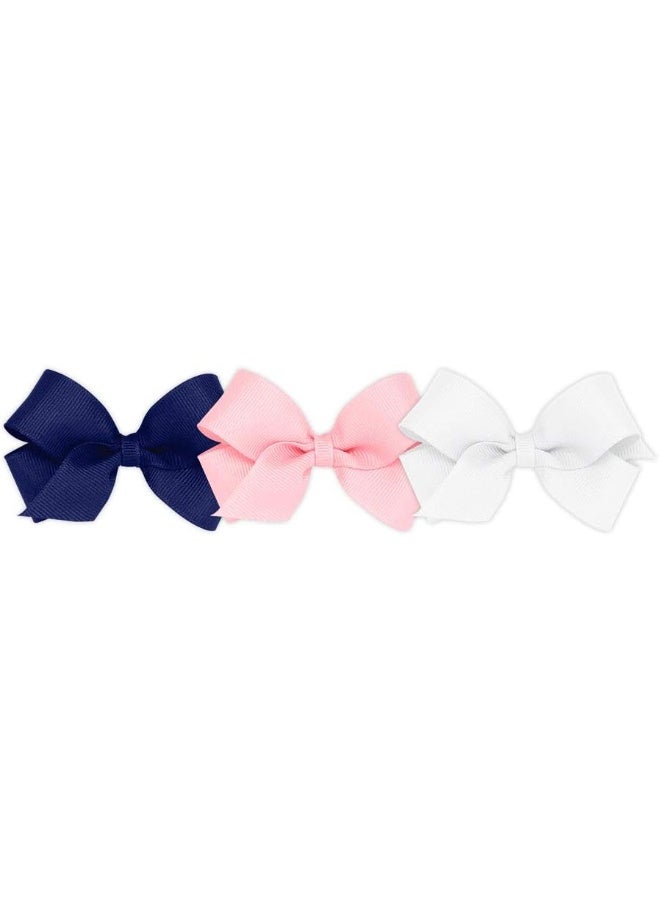 Wee Ones Girls' 3 pc Set Solid Grosgrain Variety Pack on a WeeStay No-Slip Hair Clip, Mini, White, Light Pink, and Light Navy - Image 1