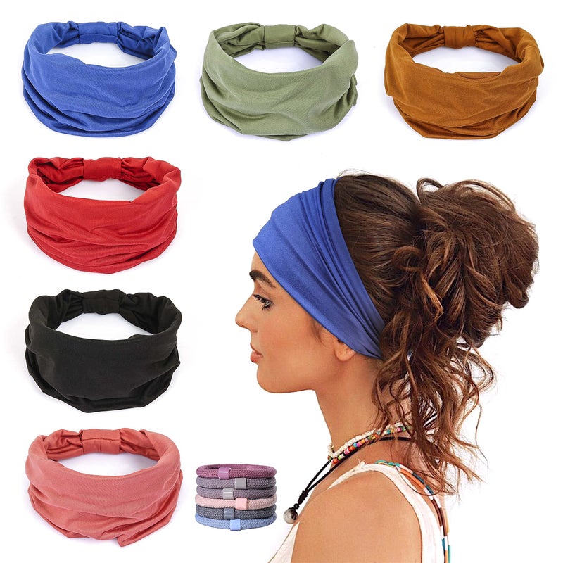 Gili GILI 6 Pack Wide Headbands for Women Non Slip Soft Elastic Hair Bands Yoga Running Sports Workout Gym Head Wraps Knotted Cotton Cloth African Turbans Bandana with 6 Pcs Hair Ties