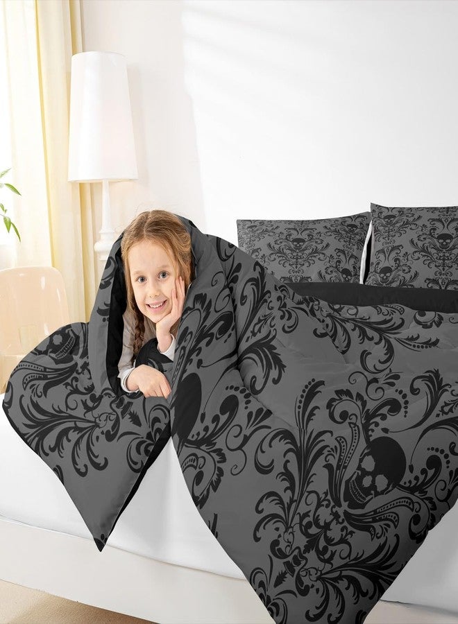 Erosebridal طقم مفروشات سرير للكبار من إيروسبريدال، أسود بنقشة دمشقية، طقم لحاف عتيق على الطراز الفيكتوري الباروكي، مقاس كامل، بنقشة زهور قوطية عتيقة، حشوة لحاف بتصميم جمجمة سكرية غريبة، مقاس كامل، ديكور بوهيمي بهيكل عظمي قوطي، رمادي - Image 4