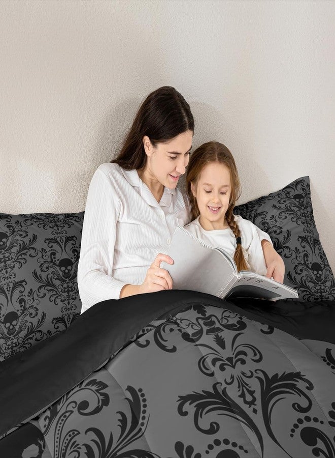 Erosebridal طقم مفروشات سرير للكبار من إيروسبريدال، أسود بنقشة دمشقية، طقم لحاف عتيق على الطراز الفيكتوري الباروكي، مقاس كامل، بنقشة زهور قوطية عتيقة، حشوة لحاف بتصميم جمجمة سكرية غريبة، مقاس كامل، ديكور بوهيمي بهيكل عظمي قوطي، رمادي - Image 3