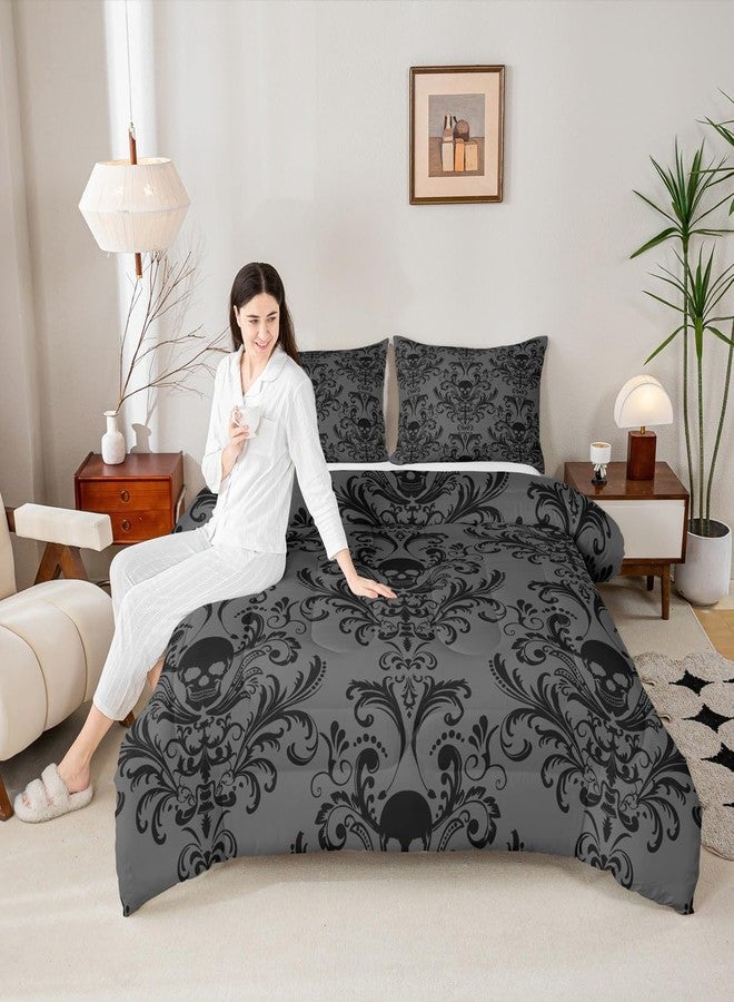 Erosebridal طقم مفروشات سرير للكبار من إيروسبريدال، أسود بنقشة دمشقية، طقم لحاف عتيق على الطراز الفيكتوري الباروكي، مقاس كامل، بنقشة زهور قوطية عتيقة، حشوة لحاف بتصميم جمجمة سكرية غريبة، مقاس كامل، ديكور بوهيمي بهيكل عظمي قوطي، رمادي - Image 2