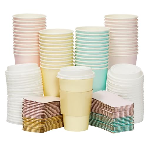Sparkle and Bash 48 Pack 16 oz To Go Coffee Cups with Lids and Sleeves for Baby Shower and Birthday Party Supplies Home Restaurant Cafe or Store Use Insulated Disposable 4 Pastel Colors 