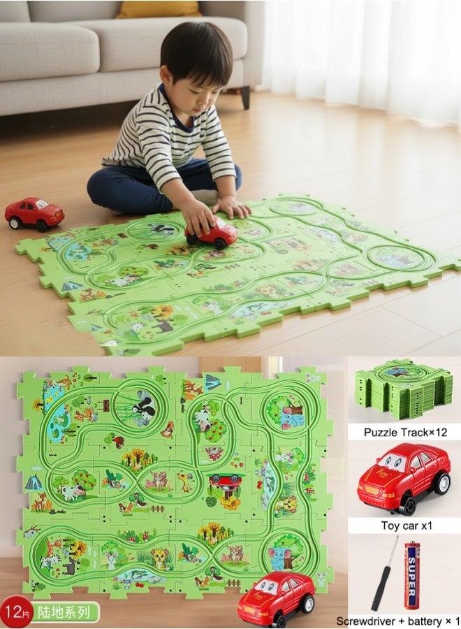 Floor Puzzles for Kids Puzzle Track Car Play Set,DIY Assembling Trolley with Vehicles  Puzzle Board , Puzzle Board Track Car Play Set, Fun Rail Car Building Toys, Educational Toys for Children Birthday Gift,Green - Image 1