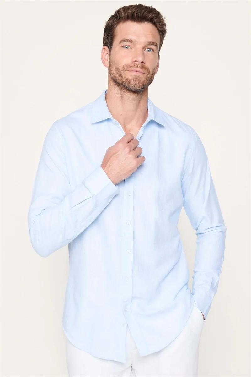 تودورس Tudors Slim Fit Cotton Linen Plain Summer Men's Blue Shirt