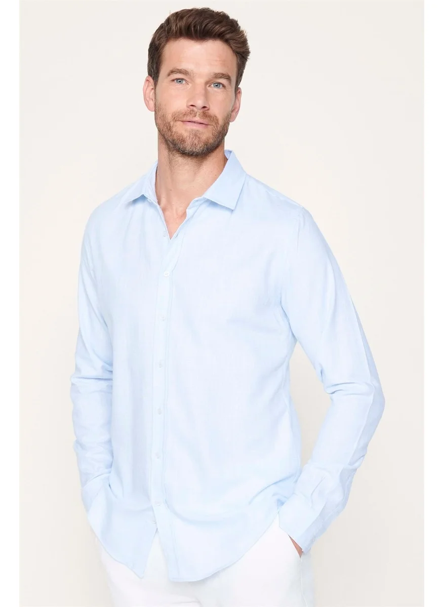 تودورس Tudors Slim Fit Cotton Linen Plain Summer Men's Blue Shirt