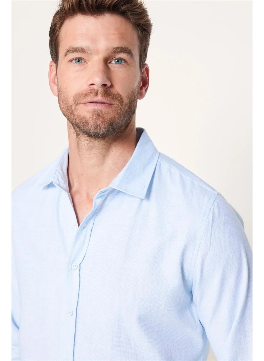 تودورس Tudors Slim Fit Cotton Linen Plain Summer Men's Blue Shirt