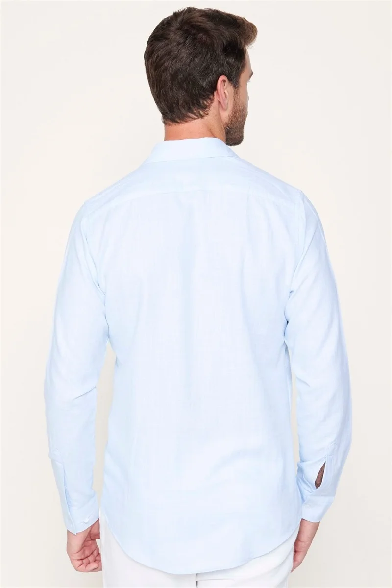 تودورس Tudors Slim Fit Cotton Linen Plain Summer Men's Blue Shirt