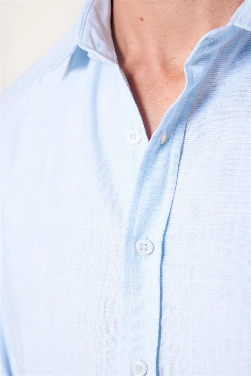 تودورس Tudors Slim Fit Cotton Linen Plain Summer Men's Blue Shirt