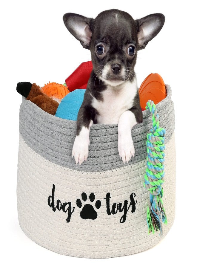 PrimePets Cotton Rope Dog Toy Basket, Small Basket with Handles, Woven Storage Bin for Dogs Pets, 15x10x9 inch Pet Basket Container Holder for Toys, White and Grey - Image 1