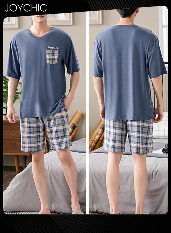 NIBEMINENT Men's Summer Modal Cotton Silk Pajama Set Short-sleeved Short Pants Lattice Pattern Skin-friendly Breathable Home Sleepwear for Teenagers Men  - Image 1