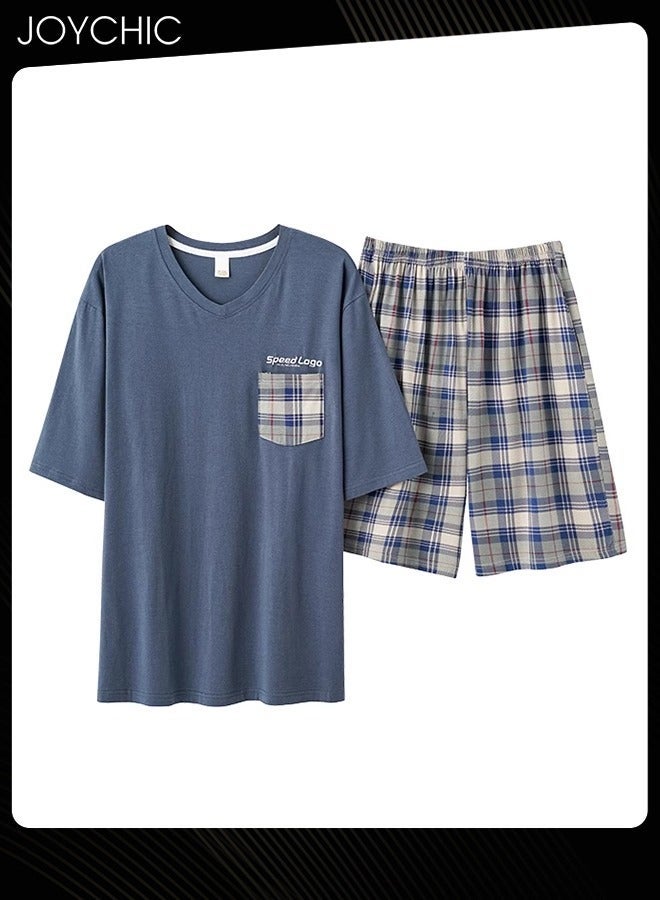 NIBEMINENT Men's Summer Modal Cotton Silk Pajama Set Short-sleeved Short Pants Lattice Pattern Skin-friendly Breathable Home Sleepwear for Teenagers Men  - Image 5