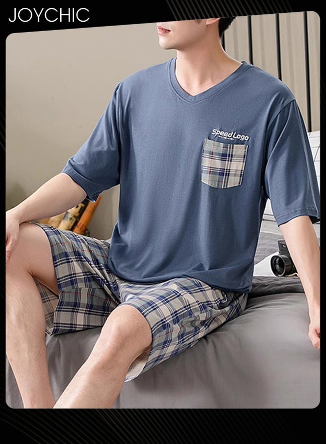 NIBEMINENT Men's Summer Modal Cotton Silk Pajama Set Short-sleeved Short Pants Lattice Pattern Skin-friendly Breathable Home Sleepwear for Teenagers Men  - Image 4