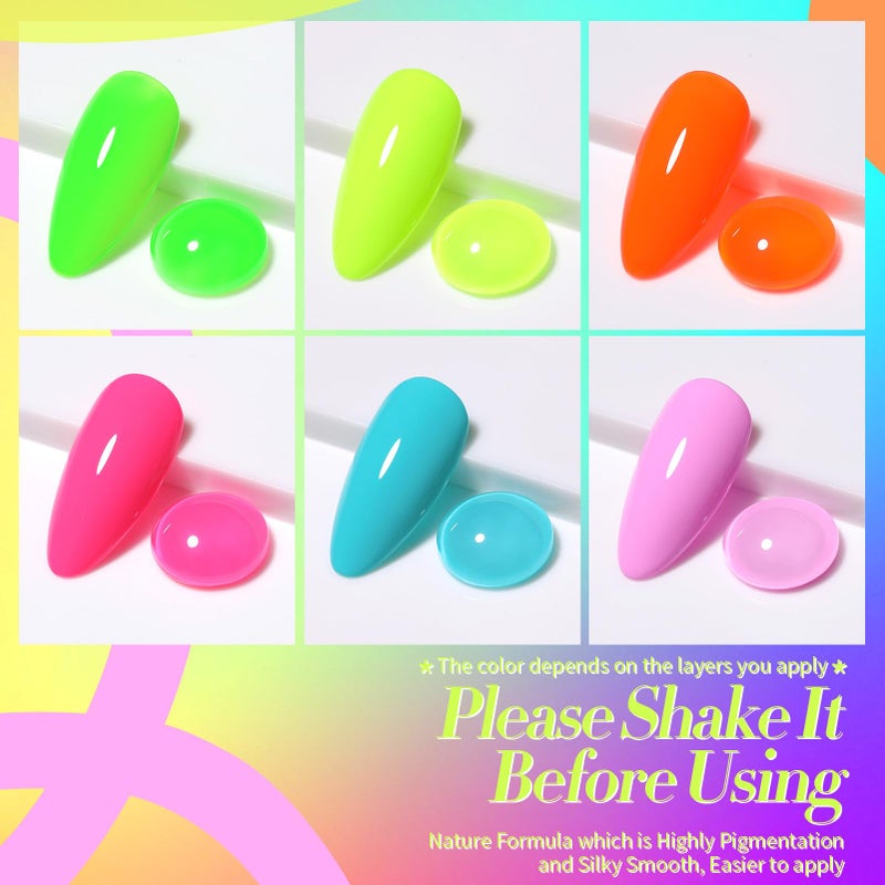Born Pretty Gel Nail Polish Spring Summer Neon Fluorescent Orange Hot Pink Blue Yellow Green Purple Soak Off U V LED Gel Nail Polish Set Nails Art 7ml 6pcs - Image 2