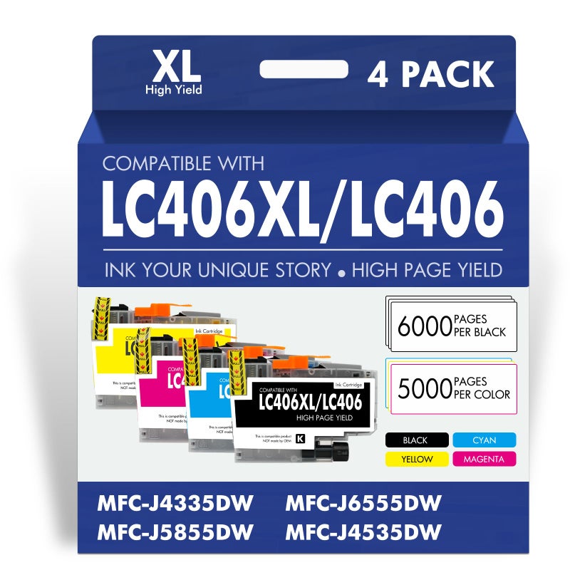 Cool Toner LC406 LC406XL Ink Cartridges for Brother Printer for Brother LC406 Ink Cartridges MFC-J4335DW MFC-J5855DW MFC-J6555DW MFC-J4535DW MFC-J6955DW (4 Pack Black Cyan Magenta Yellow) - Image 1