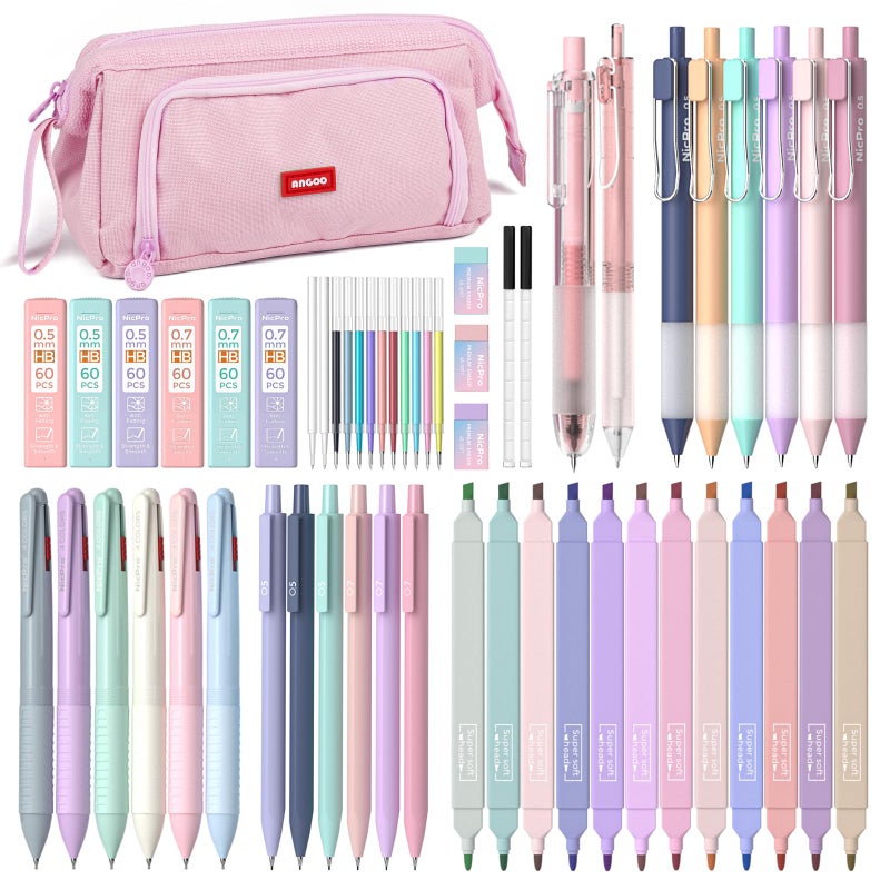 Nicpro 52PCS Aesthetic School Supplies with Cute Pencil Case, 12 Color Pastel Highlighter, 8 Gel Pens, 6 Multicolor Pen, 6 Mechanical Pencils 0.5 & 0.7 mm for Girls Student Stationary Set Preppy Stuff - Image 1