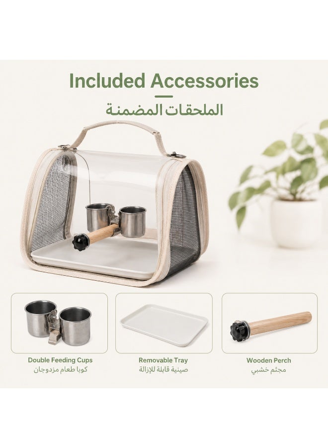 Portable Bird Carrier Bag, Crystal Clear PC Transparent Parrot Travel Bag With Wooden Perch, Dual Stainless Steel Cups, Breathable Mesh Sides And Adjustable Shoulder Strap For Budgie Cockatiel Lovebird, 28×20×22cm, Beige - Image 5