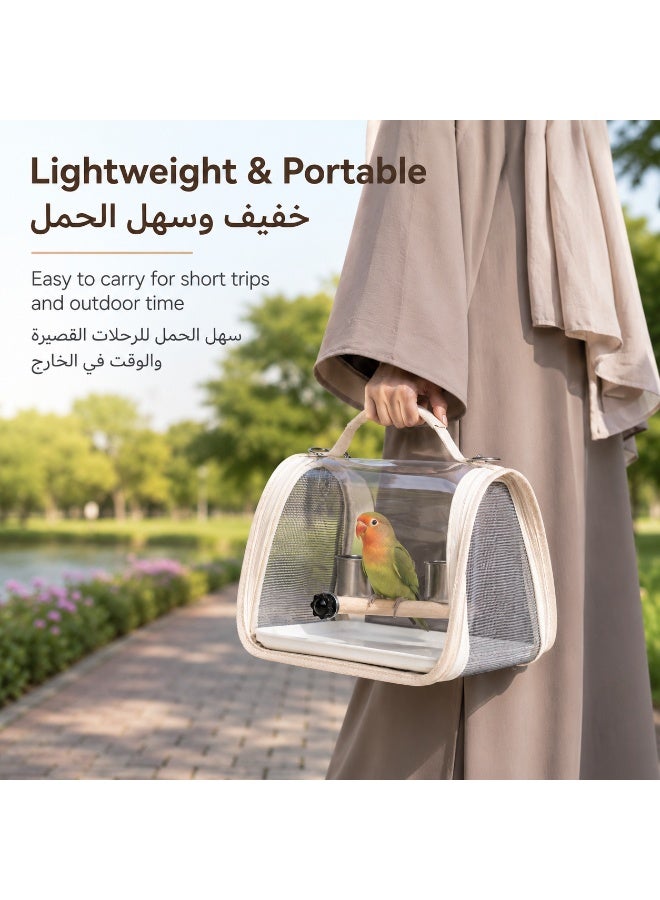 Portable Bird Carrier Bag, Crystal Clear PC Transparent Parrot Travel Bag With Wooden Perch, Dual Stainless Steel Cups, Breathable Mesh Sides And Adjustable Shoulder Strap For Budgie Cockatiel Lovebird, 28×20×22cm, Beige - Image 4