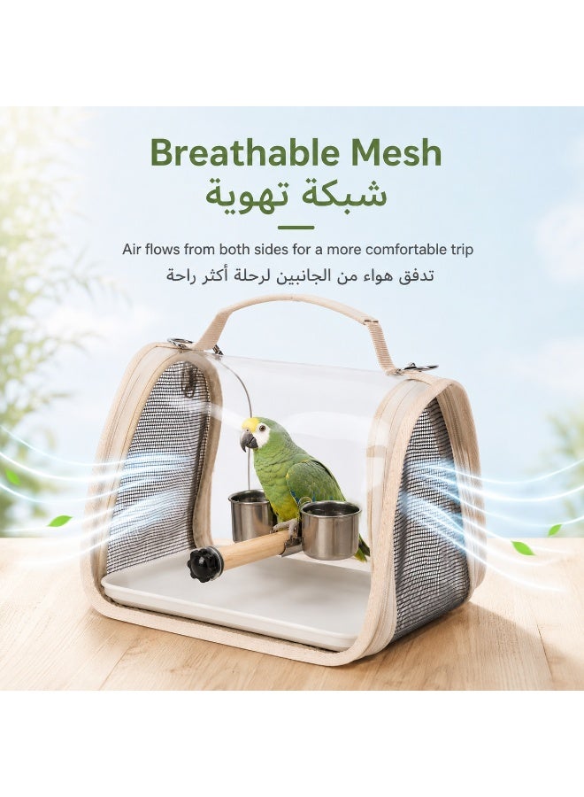 Portable Bird Carrier Bag, Crystal Clear PC Transparent Parrot Travel Bag With Wooden Perch, Dual Stainless Steel Cups, Breathable Mesh Sides And Adjustable Shoulder Strap For Budgie Cockatiel Lovebird, 28×20×22cm, Beige - Image 3