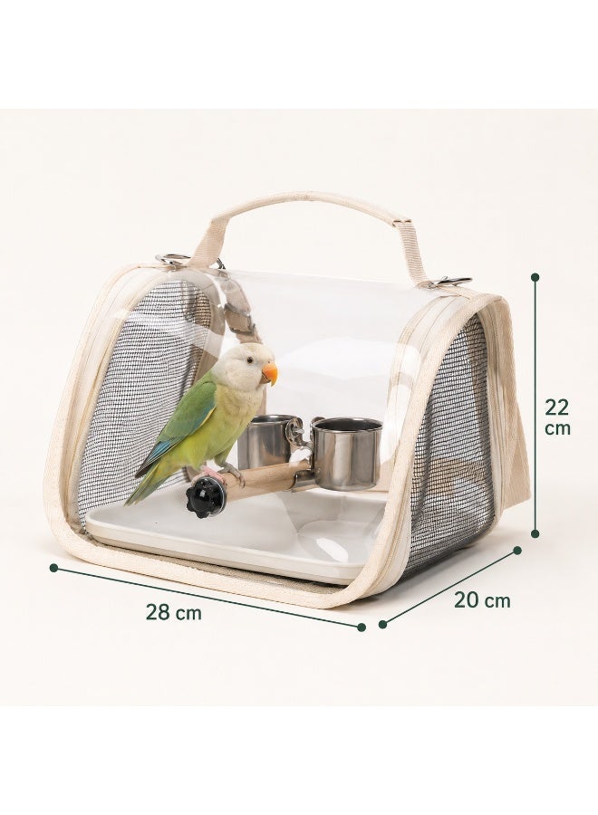 Portable Bird Carrier Bag, Crystal Clear PC Transparent Parrot Travel Bag With Wooden Perch, Dual Stainless Steel Cups, Breathable Mesh Sides And Adjustable Shoulder Strap For Budgie Cockatiel Lovebird, 28×20×22cm, Beige - Image 2