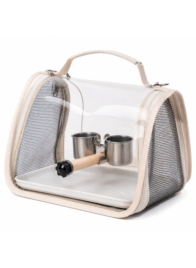Portable Bird Carrier Bag, Crystal Clear PC Transparent Parrot Travel Bag With Wooden Perch, Dual Stainless Steel Cups, Breathable Mesh Sides And Adjustable Shoulder Strap For Budgie Cockatiel Lovebird, 28×20×22cm, Beige - Image 1