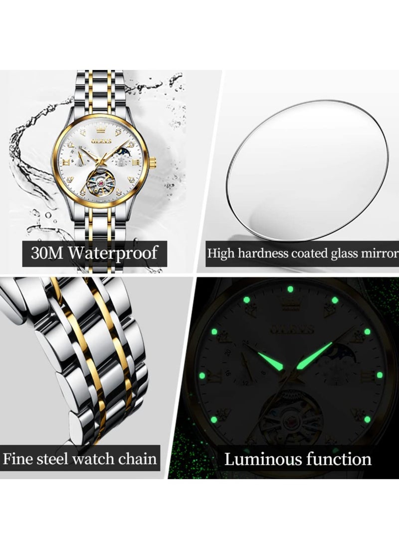OLEVS Women's Automatic Luxury Gold and Silver Stainless Steel Mechanical Flywheel Moon Phase Dial Waterproof Watch 6608 - Image 5