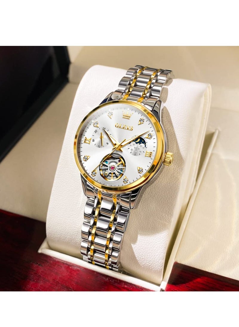 OLEVS Women's Automatic Luxury Gold and Silver Stainless Steel Mechanical Flywheel Moon Phase Dial Waterproof Watch 6608 - Image 2