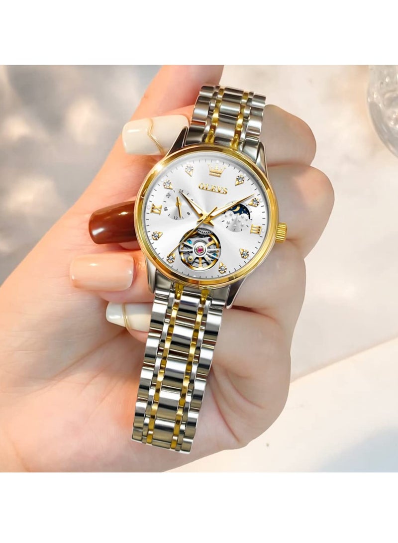 OLEVS Women's Automatic Luxury Gold and Silver Stainless Steel Mechanical Flywheel Moon Phase Dial Waterproof Watch 6608 - Image 3