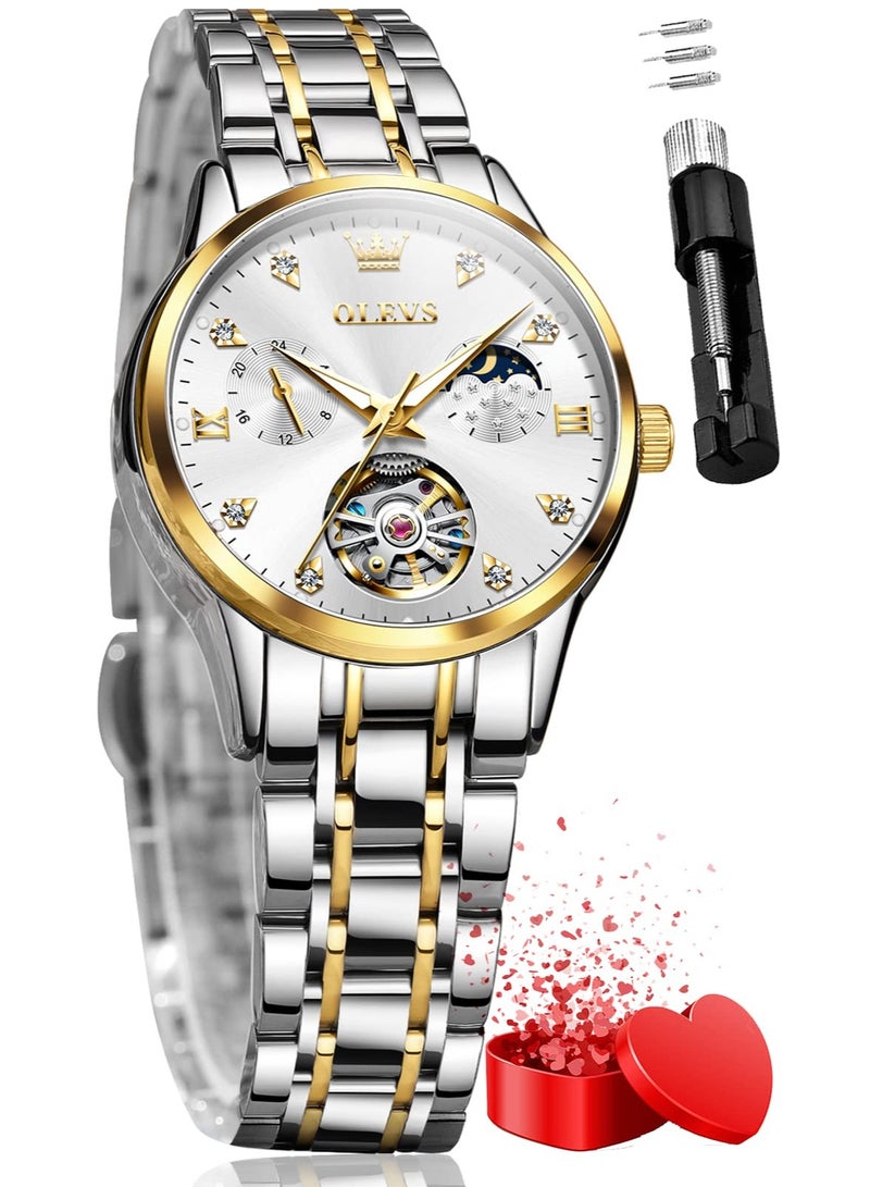 OLEVS Women's Automatic Luxury Gold and Silver Stainless Steel Mechanical Flywheel Moon Phase Dial Waterproof Watch 6608 - Image 1