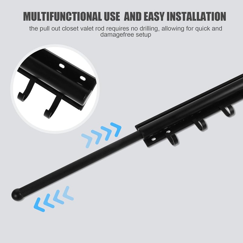 Retractable Pull out Valet Rod with Adjustable Detachable Hooks Black Metal Clothes Hanging Rod for Closet Storage and Wardrobe Organization for Bedroom Or Dressing Room - Image 3