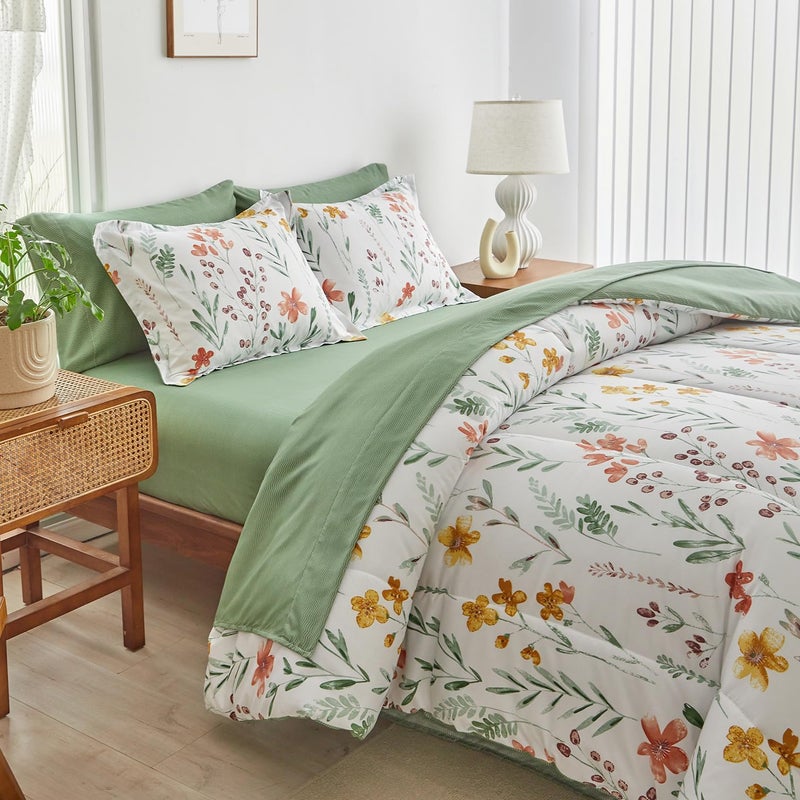 AIKASY Bed in a Bag 7 Pieces Queen Size - Floral Print - Soft Microfiber, Reversible Bed Comforter Set (1 Comforter, 2 Pillow Shams, 1 Flat Sheet, 1 Fitted Sheet, 2 Pillowcases)ï¼ˆWhite,Queenï¼‰ - Image 2
