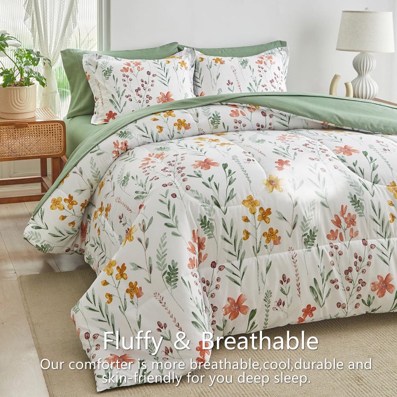 AIKASY Bed in a Bag 7 Pieces Queen Size - Floral Print - Soft Microfiber, Reversible Bed Comforter Set (1 Comforter, 2 Pillow Shams, 1 Flat Sheet, 1 Fitted Sheet, 2 Pillowcases)ï¼ˆWhite,Queenï¼‰ - Image 4