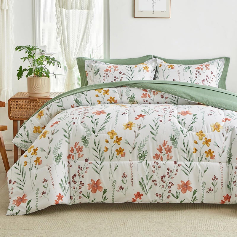 AIKASY Bed in a Bag 7 Pieces Queen Size - Floral Print - Soft Microfiber, Reversible Bed Comforter Set (1 Comforter, 2 Pillow Shams, 1 Flat Sheet, 1 Fitted Sheet, 2 Pillowcases)ï¼ˆWhite,Queenï¼‰ - Image 3