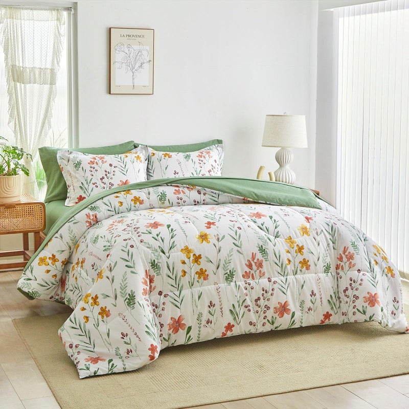 AIKASY Bed in a Bag 7 Pieces Queen Size - Floral Print - Soft Microfiber, Reversible Bed Comforter Set (1 Comforter, 2 Pillow Shams, 1 Flat Sheet, 1 Fitted Sheet, 2 Pillowcases)ï¼ˆWhite,Queenï¼‰ - Image 1