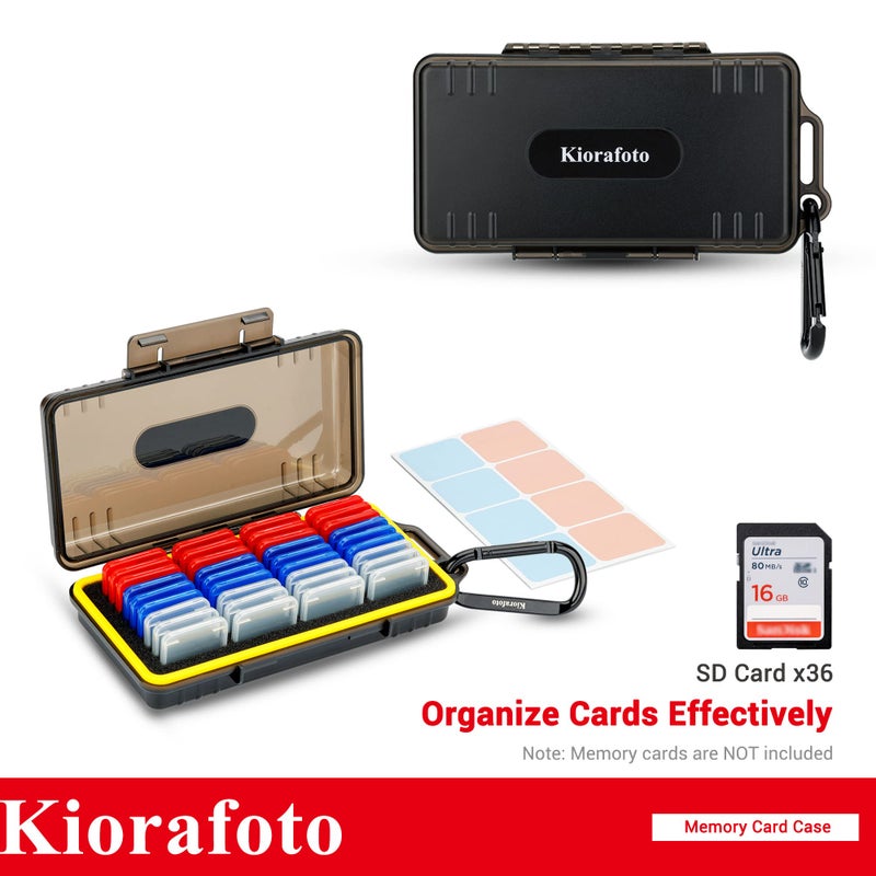 Kiorafoto SD Card Case with 36 Pack Individual Clear Plastic Memory Card Holders for 36 SD SDXC SDHC Cards,Water-Resistant Anti-Shock Anti-Dust SD Card Carrying Organizer Storage Protector with Labels - Image 2