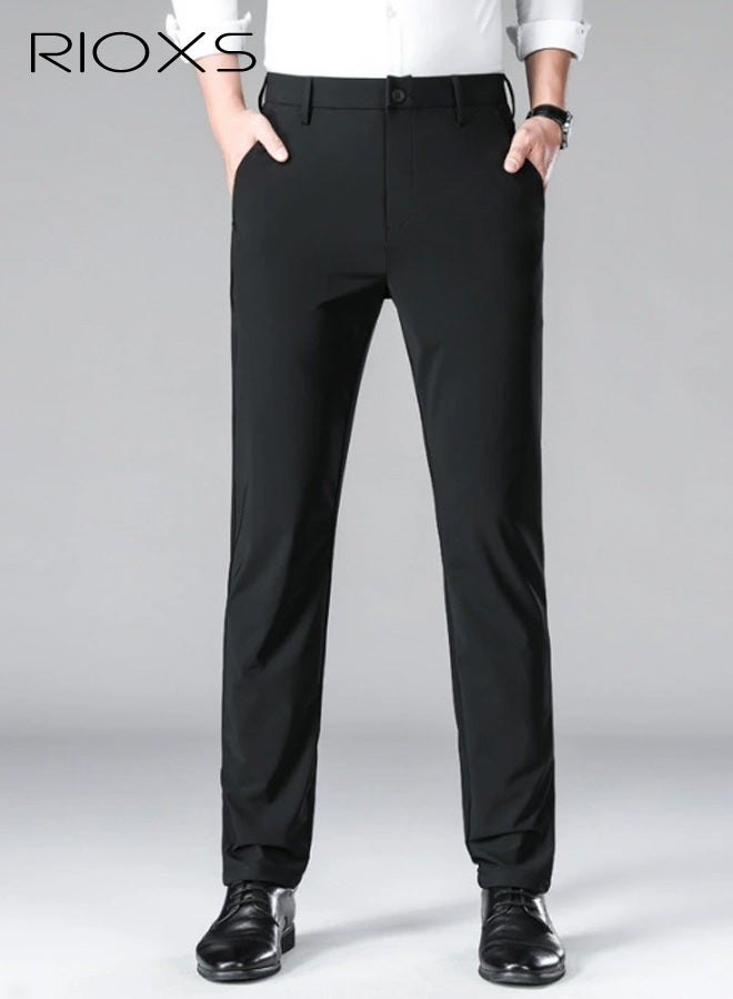 ريوكس بنطلونات رسمية للرجال، بنطلونات رسمية سريعة الجفاف بقصة عادية للرجال، بنطلونات عمل غير رسمية قابلة للتهوية وبدون تجاعيد مع جيوب، بنطلونات رسمية مريحة وقابلة للتمدد عند الخصر للعمل والاجتماعات والمواعيد الغرامية وحفلات التخرج والزفاف وغيرها، باللون الأسود - Image 1