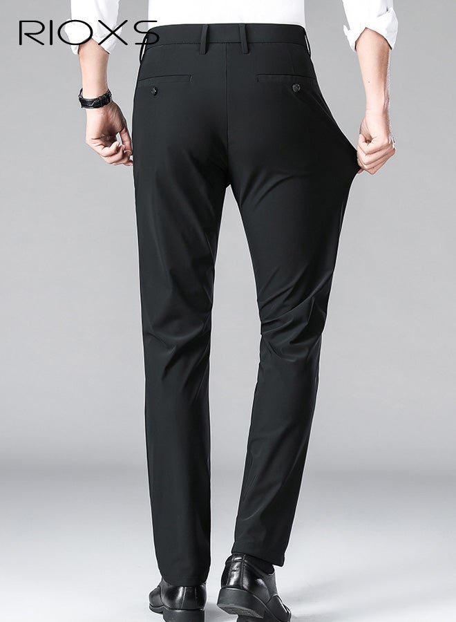 ريوكس بنطلونات رسمية للرجال، بنطلونات رسمية سريعة الجفاف بقصة عادية للرجال، بنطلونات عمل غير رسمية قابلة للتهوية وبدون تجاعيد مع جيوب، بنطلونات رسمية مريحة وقابلة للتمدد عند الخصر للعمل والاجتماعات والمواعيد الغرامية وحفلات التخرج والزفاف وغيرها، باللون الأسود - Image 3