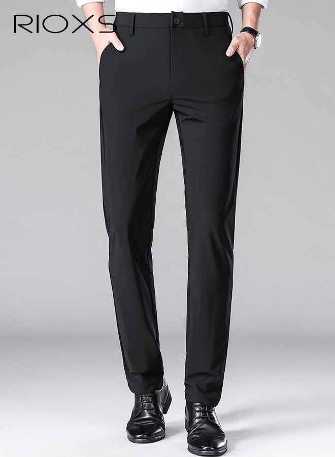 ريوكس بنطلونات رسمية للرجال، بنطلونات رسمية سريعة الجفاف بقصة عادية للرجال، بنطلونات عمل غير رسمية قابلة للتهوية وبدون تجاعيد مع جيوب، بنطلونات رسمية مريحة وقابلة للتمدد عند الخصر للعمل والاجتماعات والمواعيد الغرامية وحفلات التخرج والزفاف وغيرها، باللون الأسود - Image 4