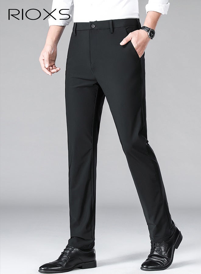 ريوكس بنطلونات رسمية للرجال، بنطلونات رسمية سريعة الجفاف بقصة عادية للرجال، بنطلونات عمل غير رسمية قابلة للتهوية وبدون تجاعيد مع جيوب، بنطلونات رسمية مريحة وقابلة للتمدد عند الخصر للعمل والاجتماعات والمواعيد الغرامية وحفلات التخرج والزفاف وغيرها، باللون الأسود - Image 2