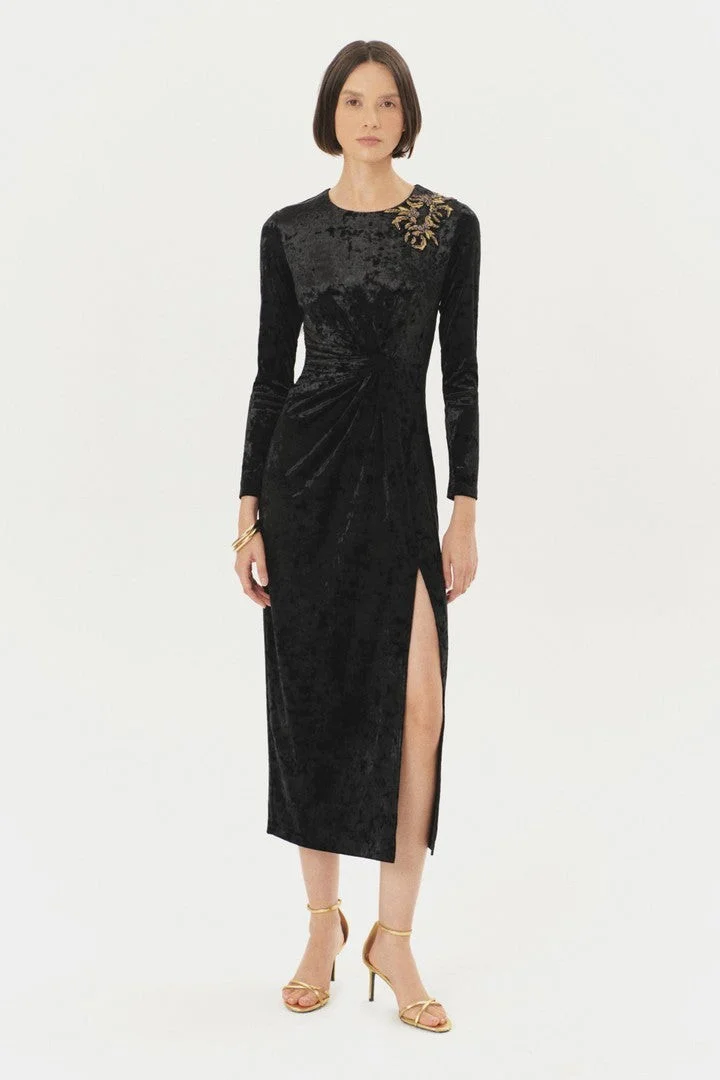 EXQUISE Hand-Embroidered Detail Maxi Black Velvet Dress with Slit