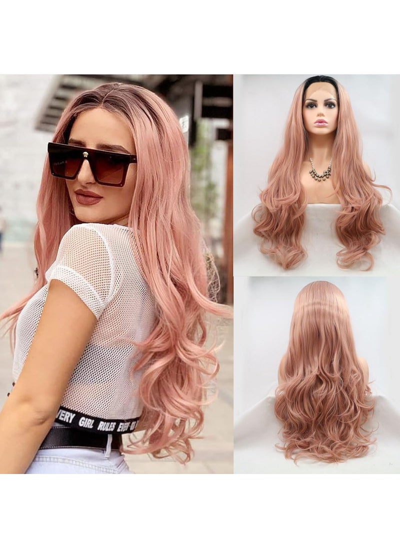 Xiweiya Xiweiya Long Rose Gold Pink Lace Wig Synthetic Rose Gold Pink Lace Front Wigs Middle Part Heat Resistant synthetic wig long Rose Gold Pink hair Graceful mermaid hair replacement wig soft wig 24inch 