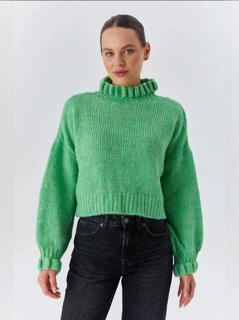 MixRay Mixray Thick Turtleneck Textured Crop Sweater